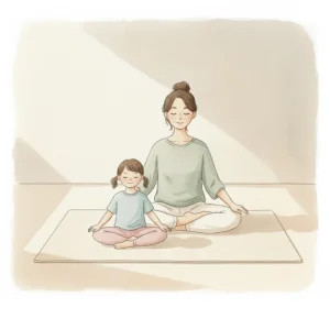 Mom and daughter meditating