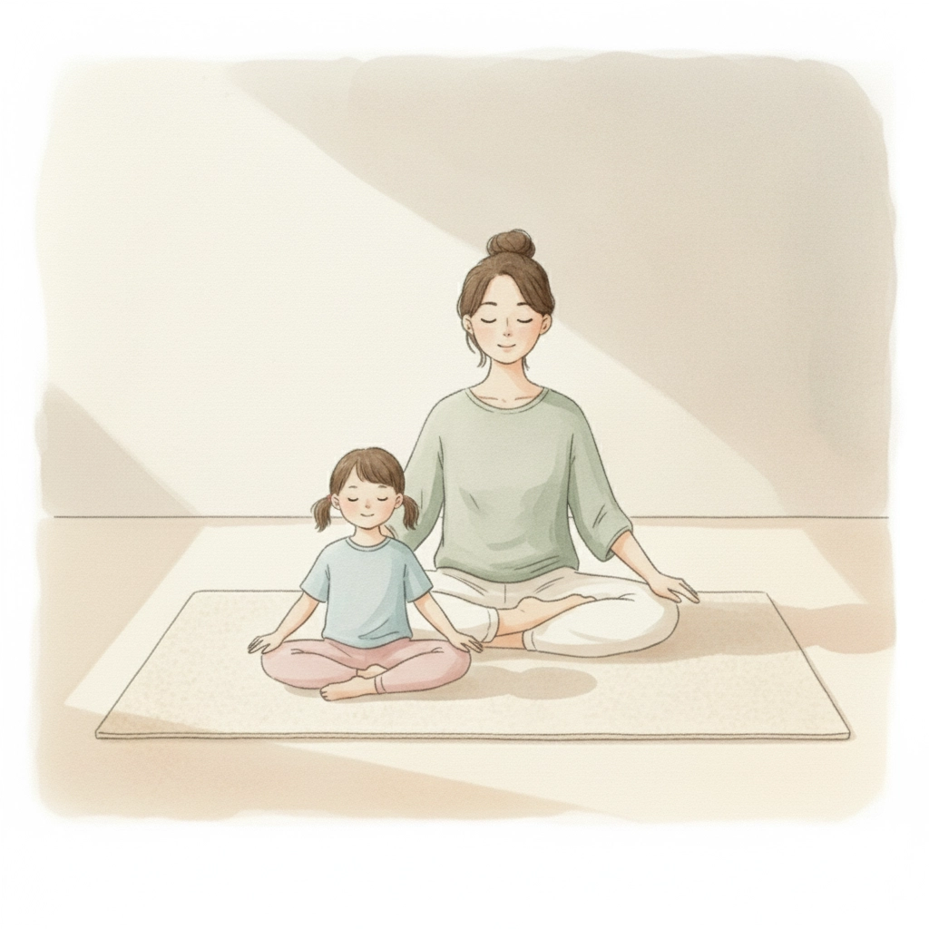 Mom and daughter meditating