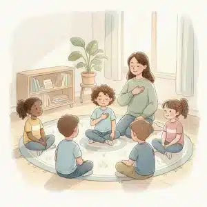 Woman leading yoga and meditation circle for children