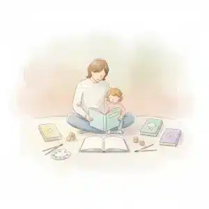 Parent reading picture books to child and doing art