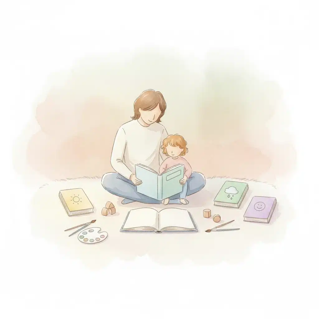 Parent reading picture books to child and doing art